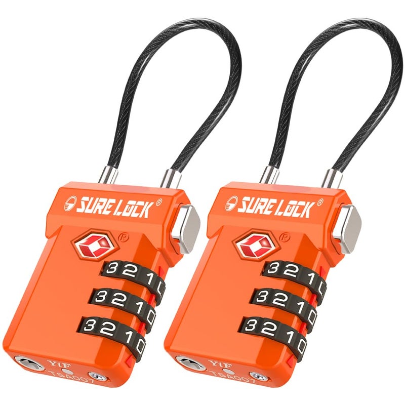 SURE LOCK TSA Approved Cable Luggage Lock â€“ TSA Locks for Luggage with Visual Inspection Indicator, Resettable 3-Digit Combination, Zinc Alloy Body for Suitcases, Backpacks, Gym Lockers(Orange 2 Pack) - Image 1